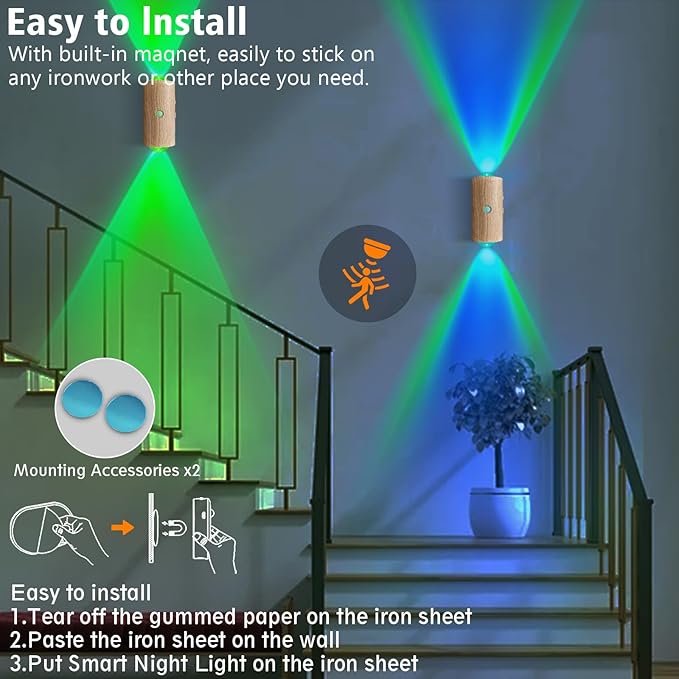 LED Wireless Wall Sconce with 7 Colors Changing, Motion Sensor Light Indoor, 1500mAh Rechargeable Battery Operated Wall Sconces for Bedroom Bedside Hallway Courtyard Doorway (Wood-Colored)