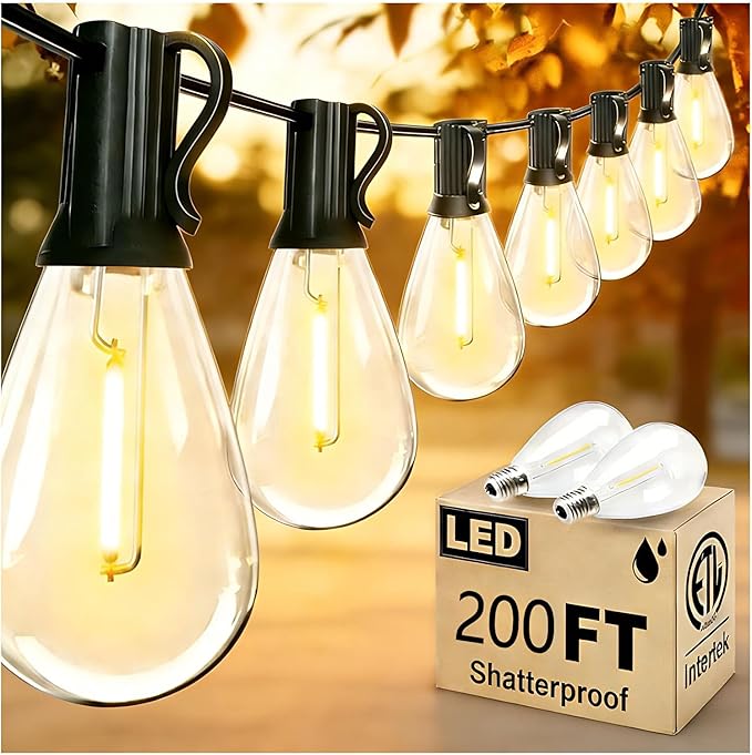 200FT Outdoor String Lights, Ultra Long Waterproof 60+2 Shatterproof Bulbs Led Outside Patio Lights for Porch Deck Garden Backyard Balcony Wedding Party Decor