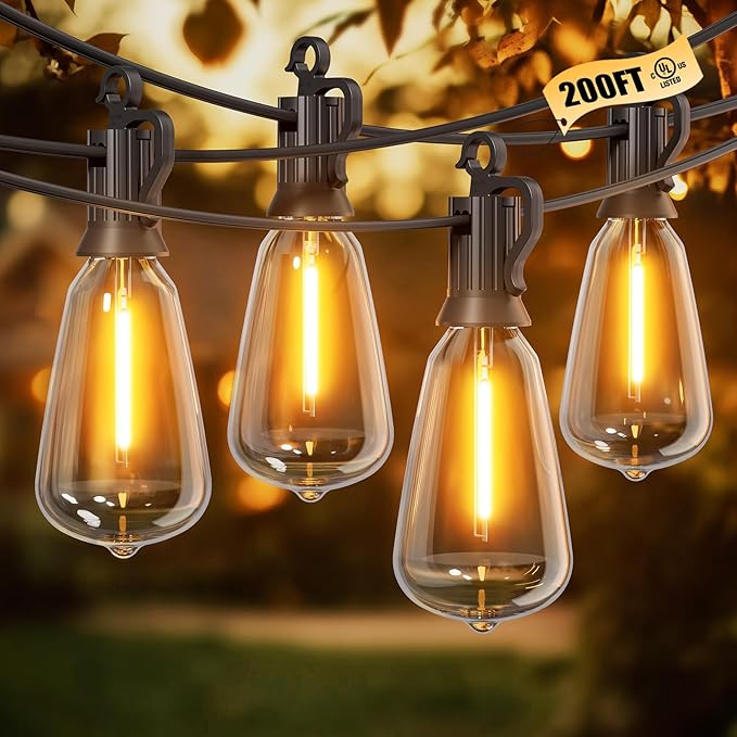 Brightown Outdoor String Lights, 200FT 64+2 LED ST38 LED Patio Lights Shatterproof, Dimmable IP65 Waterproof Connectable Hanging Outdoor Light for Backyard, Porch, Deck, Balcony