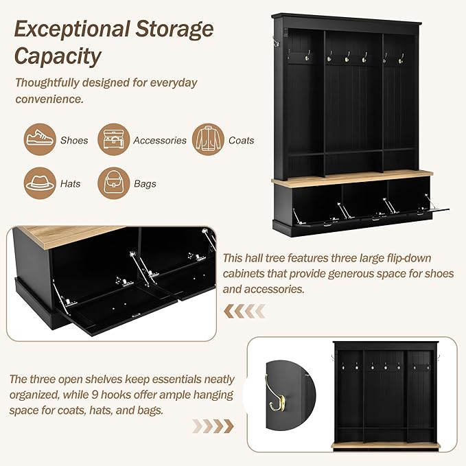 LUMISOL Hall Tree with Storage Bench, Entryway Coat Rack with LED Light and 3 Large Cabinets, Entryway Bench with Shelves and 9 Hooks, for Entrance Mudroom Living Room, Black