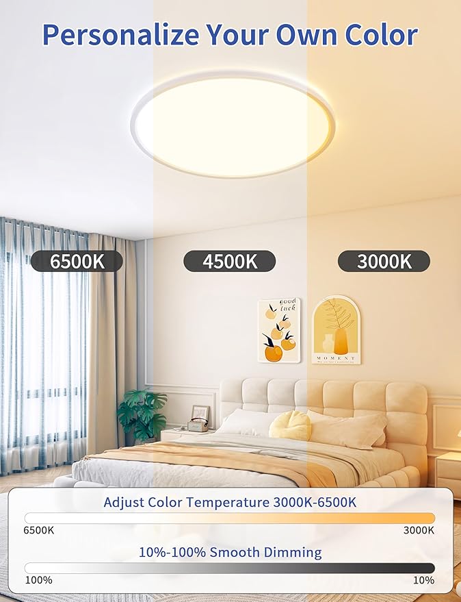 Smart Ceiling Light, RGB LED Flush Mount Ceiling Light with Remote，Ambient Lighting Fixture, 11 Inch 24W 2400LM 3000K-6500K, DIY Colors, Timer, White