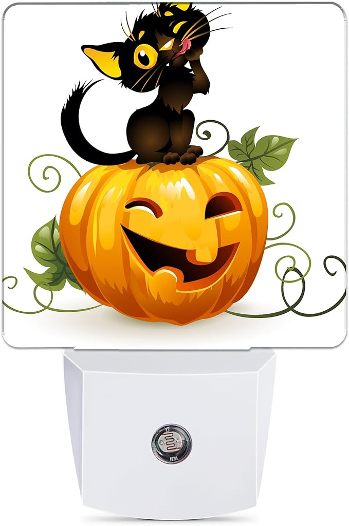 Halloween Night Light, Cute Black Cat and Pumpkin Night Lights Plug into Wall Decorations for Bedroom, Bathroom, Dusk to Dawn Sensor Nightlights for Girls Women Room Gifts