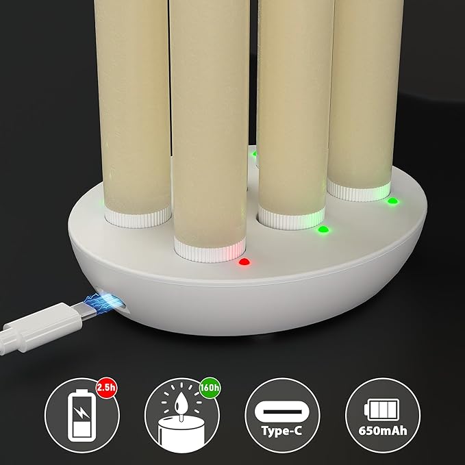 6 Pcs Rechargeable Flameless Taper Candles with Charging Station, Real Wax LED Taper Candles Flickering with Remote&Timer,3D Battery Operated Window Candlesticks for Home Wedding Christmas Decor Ivory