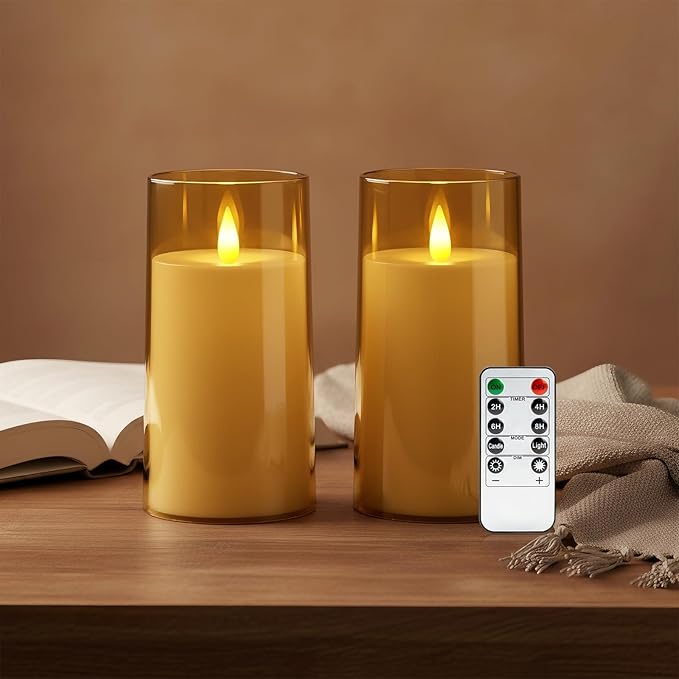 Raycare Flameless Electronic Pillar Candles with Remote Control and Timer- Battery Operated Realistic Flickering LED Fake Candle for Home, Wedding, Valentine's Day Decor, Gold,Set of 2(3"x6"6")