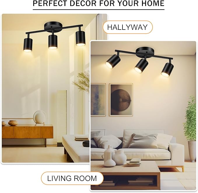BoostArea LED 3 Light Track Lighting Kit, Black 3 Way Ceiling Spot Lighting, Flexibly Rotatable Light Head for Kitchen, Living Room, Bedroom, GU10 Bulb Not Included