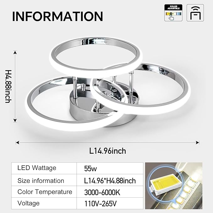 15.74IN Dimmable LED Modern Flush Mount Ceiling Light Fixture with Remote Control, Chrome 3000K-6500K 3-Color Dimming Circle Modern Chandelier, Close to Ceiling Bedroom Kitchen Cloakroom Lamp