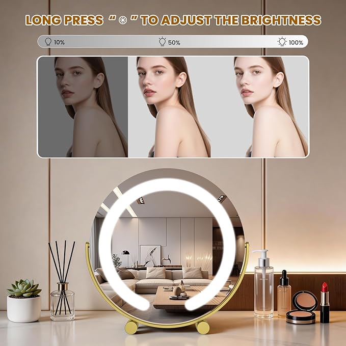 Vanity Mirror with Lights, 12" LED Makeup Mirror, HD Professional Mirror, Smart Touch with 3-Color Lighting, Dimmable, 360° Rotation, Lighted Up for Makeup Desk, Bedroom (Gold)