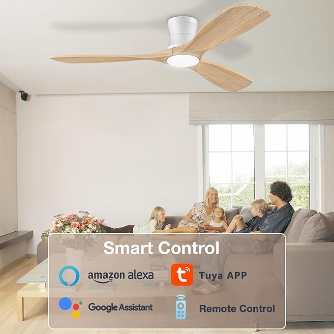 Smart 52” Wood Flush Mount Ceiling Fans with Lights and Remote,Quiet DC Motor,Outdoor Indoor Ultra Low Profile Ceiling Fan works with Alexa WIFI APP,Modern White Ceiling Fan for Bedroom Patio