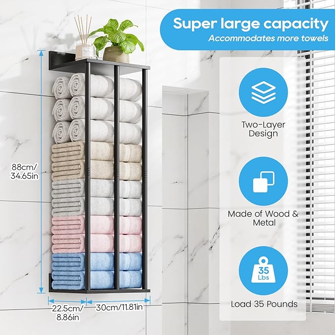 Towel Racks for Bathroom Wall Mounted with Wooden Storage Shelf, Updated 3 Bar Metal Towel Holder for Rolled Towels, Sturdy and Large Capacity, Towel Storage Organizer-Black