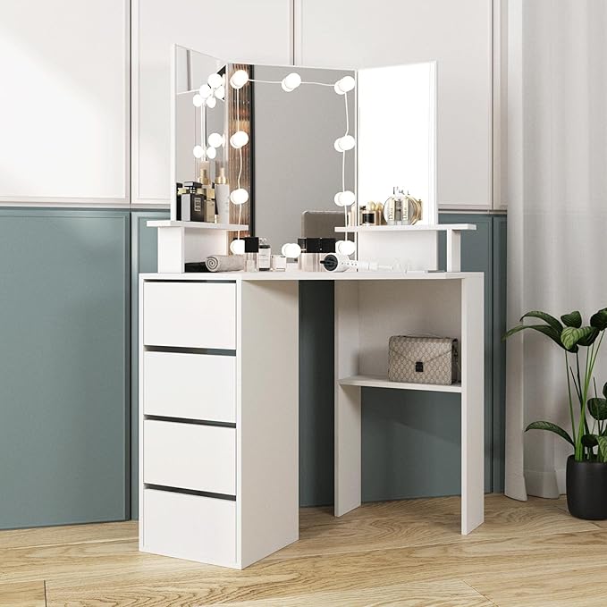 Vabches Corner Vanity Desk with Lighted Mirror & Power Strip,White Makeup Vanity Table with Lights,42 inch Corner Vanity Mirror with Lights and 4 Drawer, 3 Lighting Modes, Brightness Adjustable