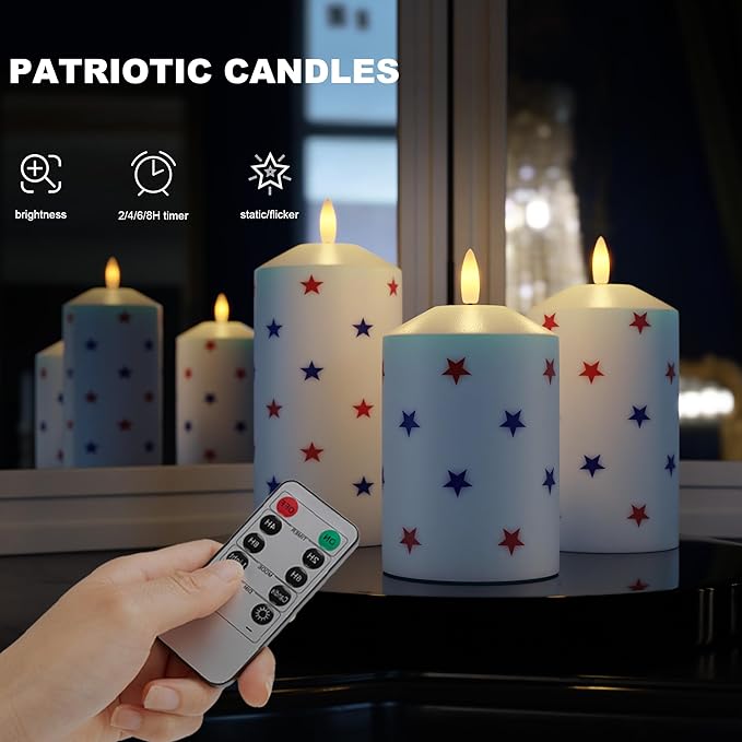 Patriotic Red White and Blue Star Candles, Real Wax 4th of July Led Candles, Flickering Flameless Candles with Remote, Memorial Day Flameless Pillar Candles for Patriotic Holiday Decor