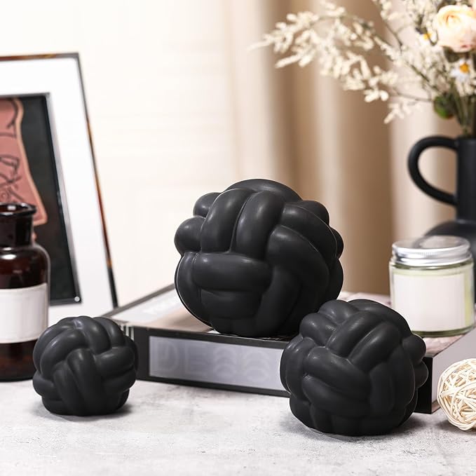 Wenqik Matte Black 3 Pcs Knot Decor, Chain Link Coffee Table Bookshelf Decor Accents, Entry Table Ceramic Aesthetic Minimalist Decorative Objects for Modern Home Living Room Decoration 3 Sizes