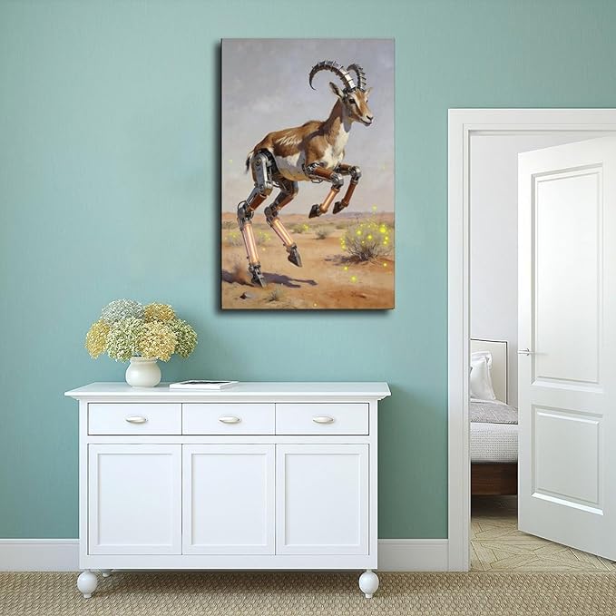 Framed Steampunk Mechanical Antelope Wall Art - Desert Futuristic Poster for Loft Living Room Decor 16x24inch(40x60cm)