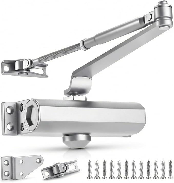 Automatic Hydraulic Door Closer – Adjustable Soft Close for Residential & Light Commercial Use – Grade 3 Heavy Duty Aluminum, Easy Install with Template, Silver (88–143 lbs)