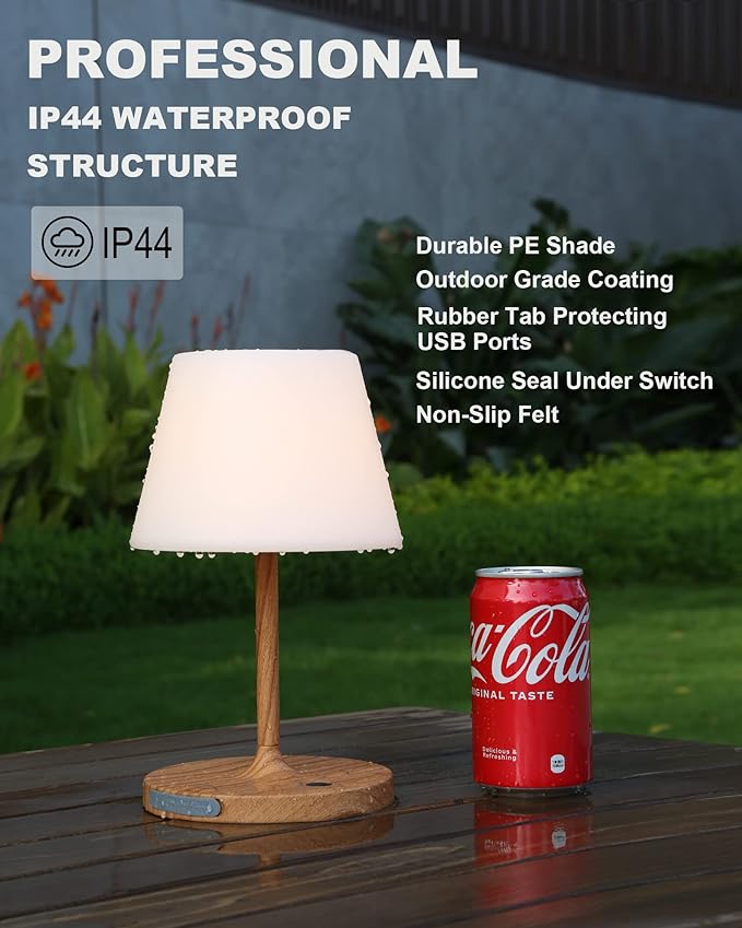 Outdoor Battery Operated Table Lamp Waterproof, 4000mAh Cordless Table Lamp Rechargeable, Touch Dimmable Desk Lamp, LED Night Light for Patio Camping Restaurant Home (Wood Grain, 9.6in)