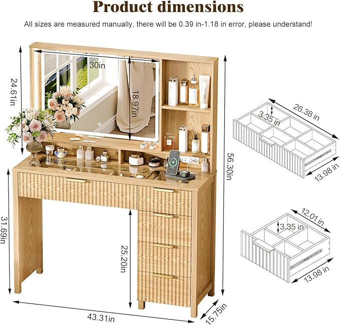 Makeup Vanity Desk with Mirror and Lights, 43.3'' Glass Tabletop Vanity Table with 5 Drawers & Shelves,Big Vanity Set for Bedroom, Oak