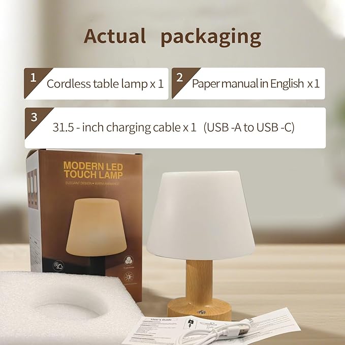 Operated Table Lamp 3000mAh Cordless Rechargeable, Touch Dimmable Desk Lamp, LED Night Light for Patio Camping Restaurant Home, H8.7in, Wood Grain