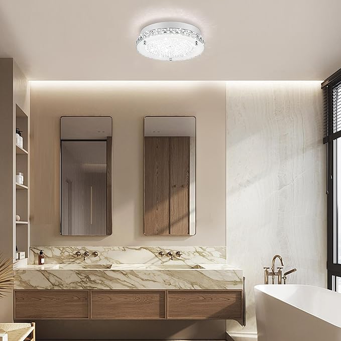 Crystal Ceiling Light Flush Mount Light Fixture Modern LED Ceiling Lamp for Foyer, Bedroom, Bathroom, Closet, Dimmable, 11 Inch, 18W
