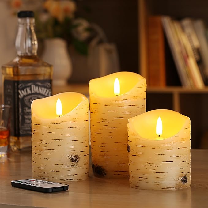 qinxiang Flameless Candles LED Candles Birch Bark Set of 3 (D 3.25" x H 4" 5" 6") Ivory Real Wax Pillar Battery Operated Candles with LED Flame 10-Key Remote Control and Cycling 24 Hours Timer
