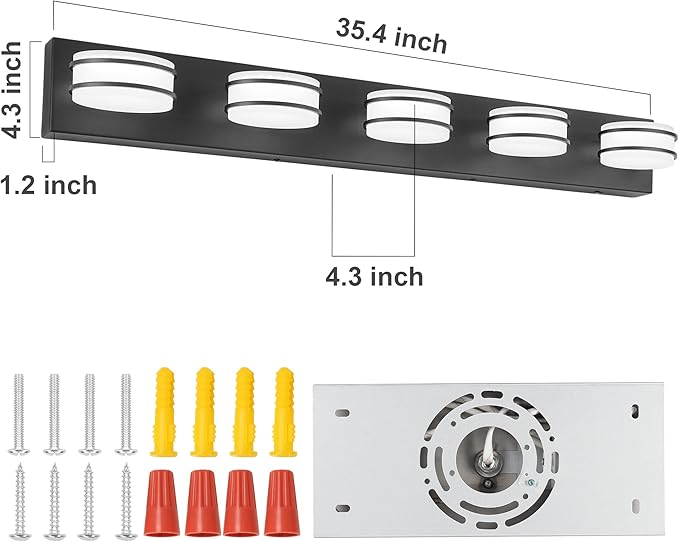 3 Color Temperature Dimmable Bathroom Light Fixtures Over Mirror, LED Black 5 Light Vanity Lighting Fixtures, Acrylic Stainless Steel Oval Shade Vanity Lights for Bathroom, ETL Certificated