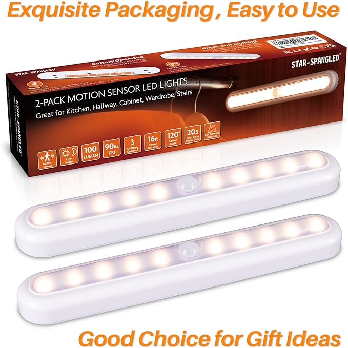 STAR-SPANGLED 11” Motion Sensor Lights Indoor AA Battery Operated, Stick on LED Light for Closet, Stairs, Under Cabinet, Kitchen, Warm White, 2 Pack