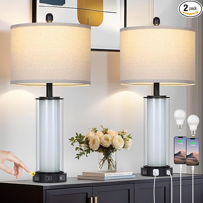 Black Glass Table Lamps Set of 2, 26" Living Room Lamp with Built-in Frosted Glass Night Light, Modern Bedroom Lamp with USB C+A Ports & AC Outlet, Bedside Lamps for Nightstand (4 Bulbs Included)