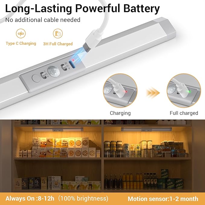 WOBANE Closet Lights Motion Sensored with Eye-Protection,Rechargeable LED Wardrobe Lighting with 3 Color,12 inch Dimmable Wireless Battery Operated Light Indoor for Stair,Pantry,Hallway,900mAh,3PCS