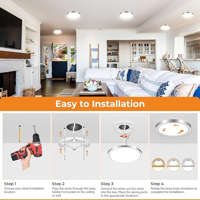 slochi 1Pack LED Flush Mount Ceiling Light Fixture, 9 Inch Light Fixture, 3000K-4000K-6500K Round Flat Bedroom Lights, Closet Round Surface for Bathroom Laundry Bedroom Hallway