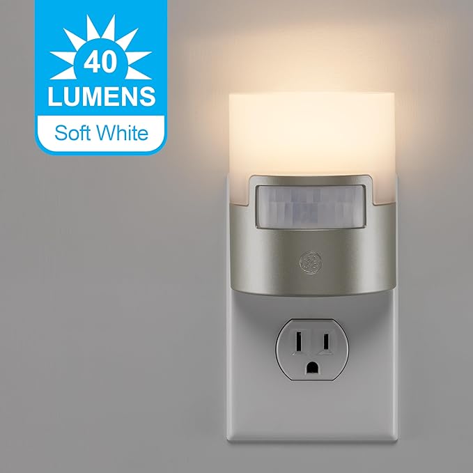 GE LED Motion Sensor Night Light, Plug into wall, 40 Lumens, Soft White, UL-Certified, Energy Efficient, Ideal Nightlight for Bedroom, Bathroom, Kitchen, Hallway, 46633, Silver, 2 Pack