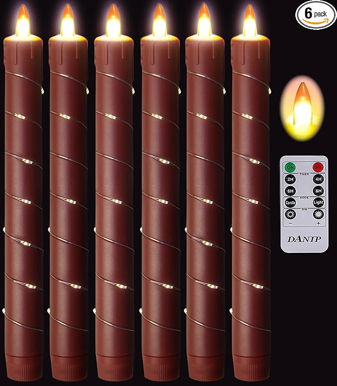 Danip Christmas red flameless Candle with String Light Window Candles with Remote Timer Battery Operated Taper Candle LED Pillar Candles Set of 6