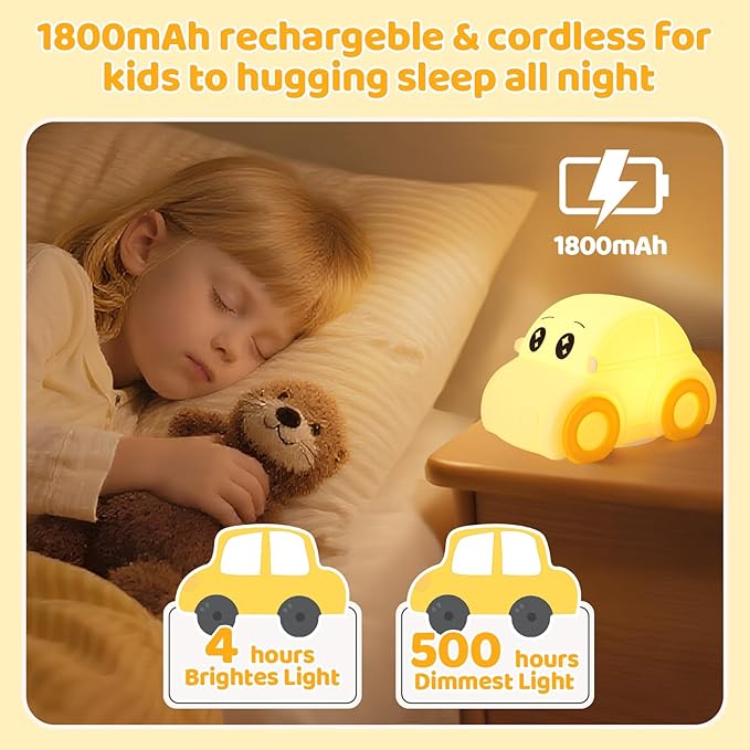 Cute Baby Toddler Car Kids Night Light for Kids, Dimmable+1800mAh Rechargeable+Timer+Portable+Silicone+Squishy, Touch Breastfeeding Bedside Night Lamp, Funny Girls Boy Gifts