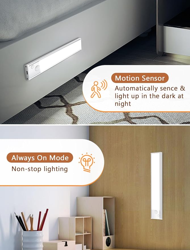 Under Cabinet Rechargeable Lighting: 12 Inch Motion Sensor Dimmable Lights Indoor - Battery Operated Lights - Wireless Closet Light Magnetic Led Light for Kitchen Home Bathroom Counter 3 Pack