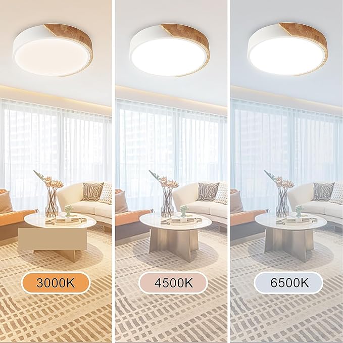 Wood LED Flush Mount Ceiling Light, 3CCT 3000K-6500K Modern Round Close to Ceiling Lighting Fixtures,12 Inch Minimalist White Ceiling Lamp for Living Room, Bedroom, Laundry Room, Not Dimmable