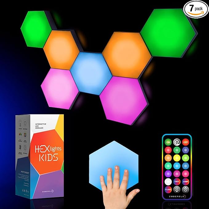 Emberela HEXlights Sensory Lights for Kids - 7pk Touch Hexagon Lights, Remote Controlled - Autism-Friendly Tap Tap Wall LED Panels for Sensory Room - Table Stand Included