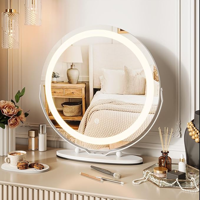IDEALHOUSE Vanity Mirror with Lights, 19" Lighted Makeup Mirror, LED Desk Mirorr with 360° Rotation, Dimmable 3 Modes, Smart Touch Control for Bedroom or Tabletop(Round,White)