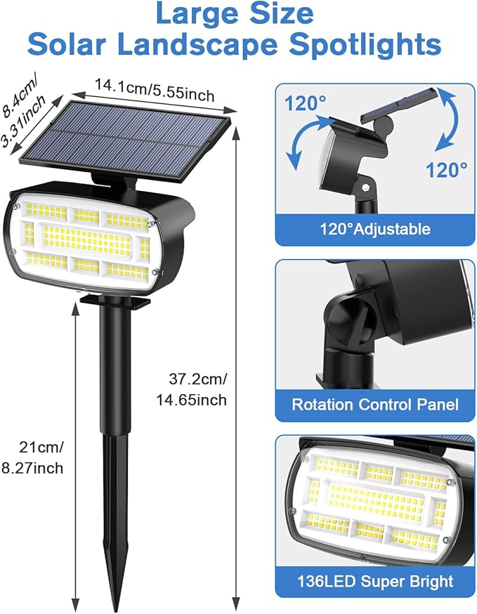Fabrito Large Solar Spot Lights Outdoor 2 Pack, 1000 Lumens High Brightness, IP65 Waterproof Solar Spotlight with 136 LEDs, Dusk to Dawn Solar Landscape Lights for Yard, Garden, Pathway, Plants(White)