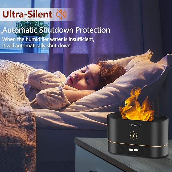 Flame Essential Oil Diffuser, Upgrade 7 Colour Lights Aromatherapy Diffuser, Super Quiet Air Humidifier, Electric Aroma Diffuser, Waterless Auto-Off for Home Office Room - Black