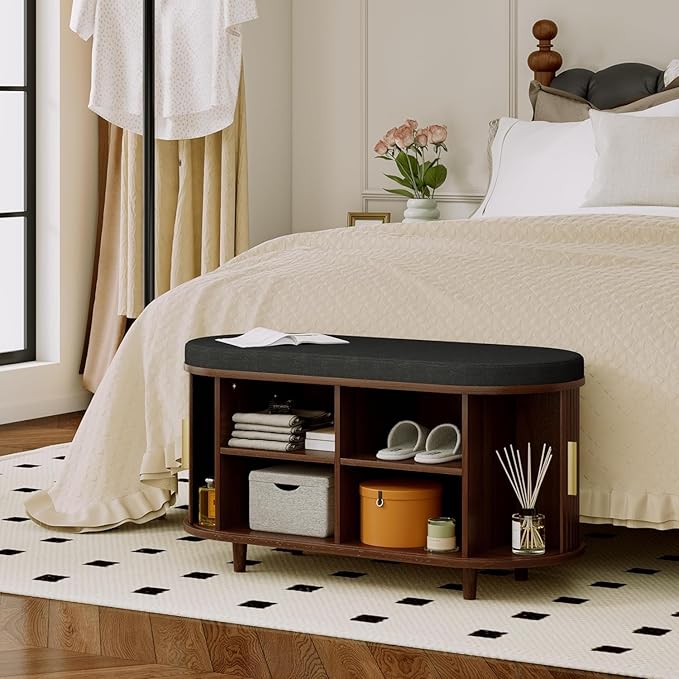 Entryway Bench with Storage: 35.4" Wooden Bedroom Shoe Bench with Thickened Padded Seat Cushion, Mid Century Modern Fluted Sliding Door and Adjustable Shelf, for Entryway, Living Room