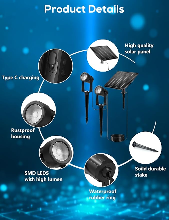 ZYAN Solar Landscape Spotlights, Separate Monocrystalline Panels & USB-C Powered 5400mAh Auto On Off Dusk to Dawn, Outdoor IP65 Waterproof, Warm White for Yard Path Patio (4 Pack)