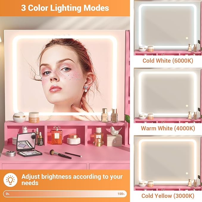 Small Vanity Desk, Vanity Desk with Mirror and Lights, Makeup Vanity Desks with Power Strip, Vanity Table with Drawers and Shelves, Adjustable Lighting, Dressing Table for Bedroom Dressing Room, Pink