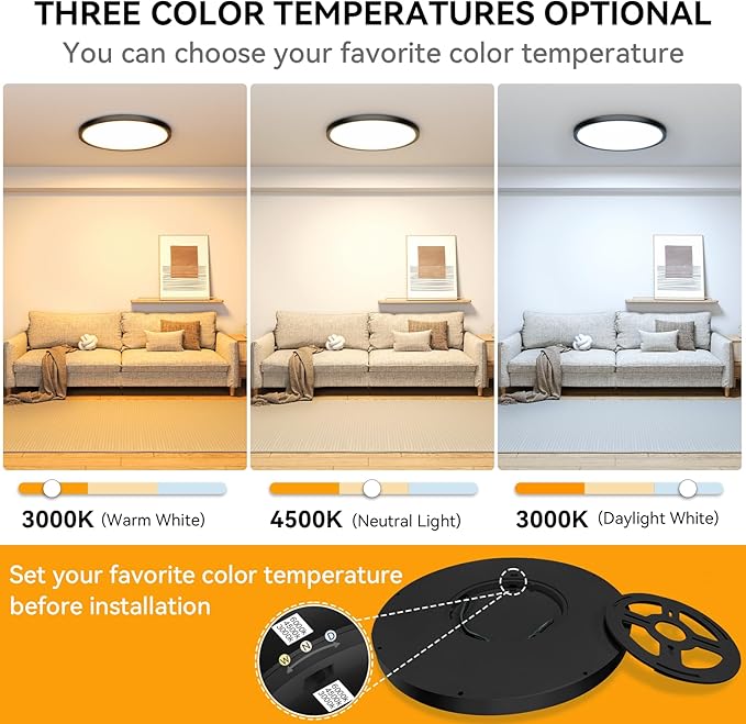3CCT 3000k/4000k/6000k Selectable, Led Flush Mount Ceiling Light, 20 Inch 5000LM Round Modern Flat Panel,Super Slim for Living Dining Kitchen Bedroom Room