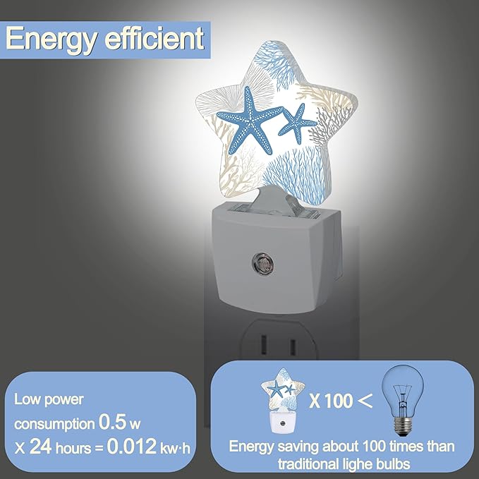 Ocean Starfish Coral Night Light,Coastal Beach Plug-in Star Night Lights with Dusk-to-Dawn Sensor for Bedroom,Bathroom,Living Room Sleep Friendly Lamp for Women Girls Boys Gift,0.5W