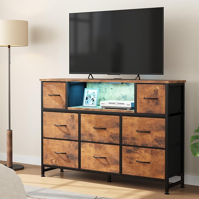 DUMOS TV Stand Dresser with 8 Fabric Drawers and Open Shelves, LED Entertainment Center with Charging Station, Wood Top Media Console for 45-55 inch, Bedroom, Rustic Brown