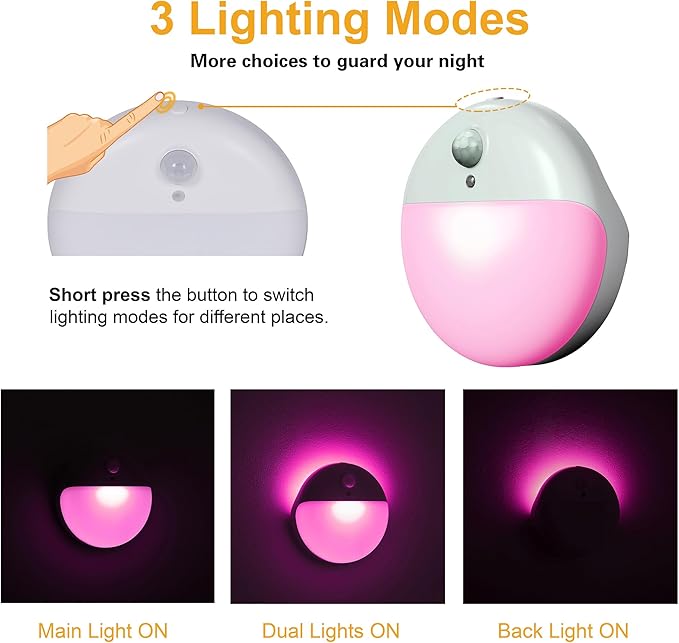 2 Pack Pink Battery Night Light, Motion Activated Night Light, 2.6" Small Sticky Lights, 3 Light Modes, Dimmable Soft Glow for Bedroom, Nursery, Baby, Kids, Sleep, Soothing Fear of The Dark