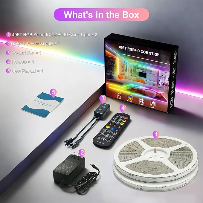 RGB Smart IC COB LED Strip Light, 80ft Light Strip, UL-Listed 24V Color Flowing Strip Light Multicolor Flexible Tape Lights with APP Control/Music Mode,for Bar Counter, Cabinet DIY Decoration（2 Rolls）
