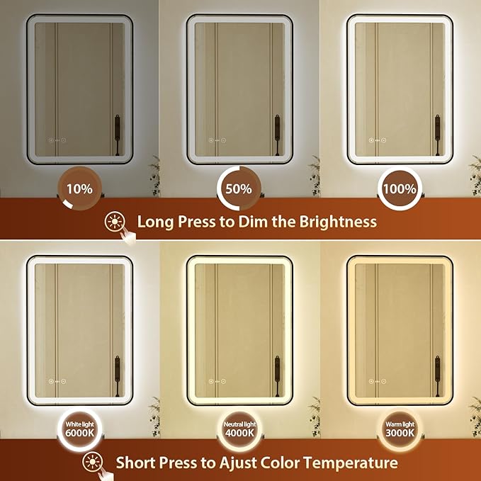 20x28 Inch Black Framed LED Bathroom Mirror with Lights,Smart Bathroom Mirror,Motion Sensor,Anti-Fog,Stepless Dimmable & 3 Colors,Memory,Vanity Mirror for Wall