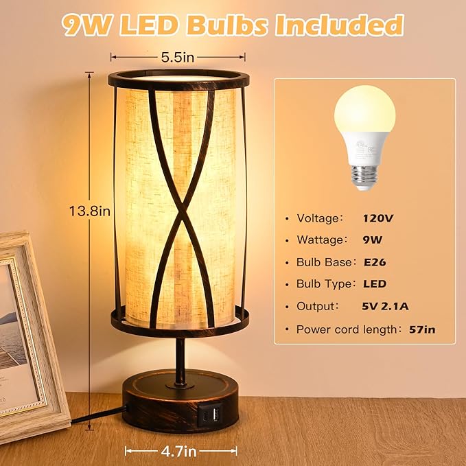 Distressed Table Lamps for Living Room, 3 Way Dimmable Touch Lamps, Small Bedside Lamps with LED Bulbs, USB Ports C+A, Nightstand Lamp for Kids Room, Bedroom, Office (1 Pack Iron)
