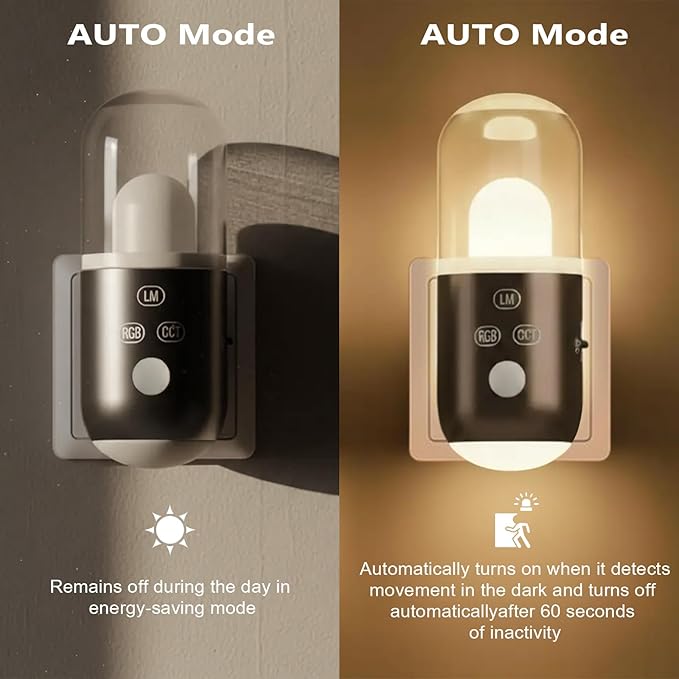 Night Light Plug into Wall with Motion Sensor & Dusk to Dawn Sensor, 3 Color Temperatures,RGB 8 Modes, 5-Level Dimming (20-240 LM) LED Night Light for Bedroom, Hallway, Stairs (White 2pcs)