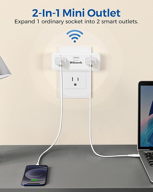 Remote Control Outlet with 2 Independent Control Sockets, WILAWELS Wireless Remote Light Switch for Christmas Tree Lights, String Lights 15A/1875W/125V, Compact, Programmable, FCC Certified W04RC1106