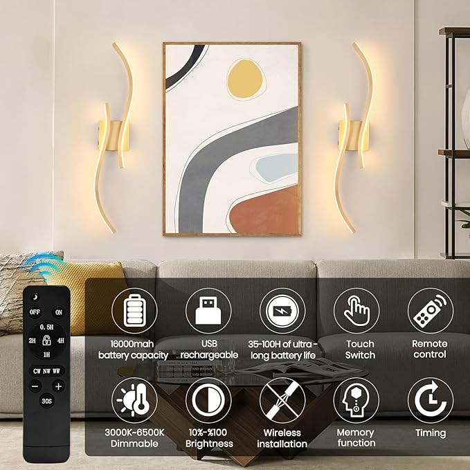 CANEOE Battery Operated Wall Sconces with Remote Control,10000mAh USB Rechargeable Gold Wall Light,3000K-6000K LED Wireless Wall Lamp for Bedroom,Hallway,Background Wall,31.5inch,1 Pack